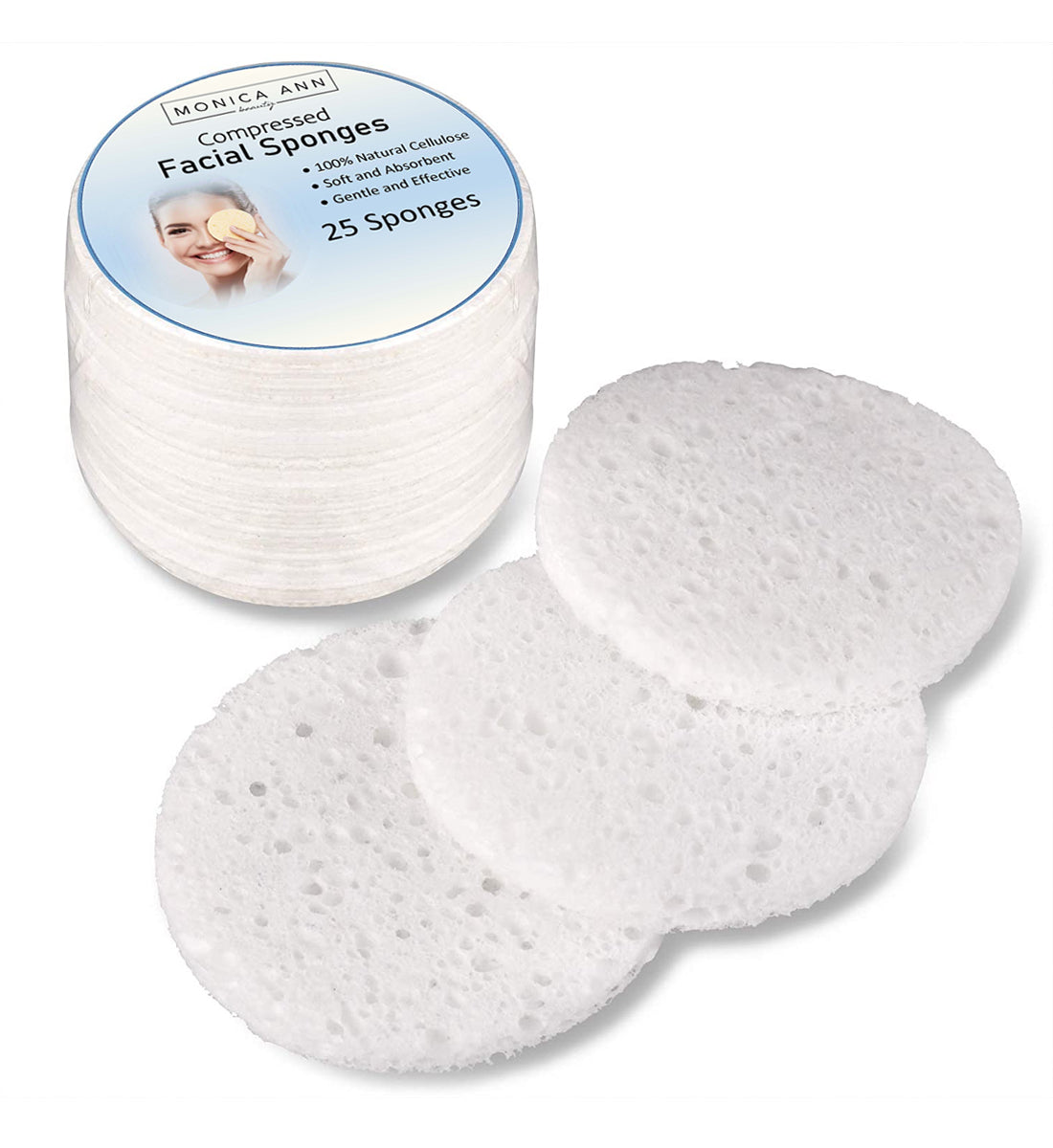 25-Count Compressed Facial Sponges for Daily Cleansing and Gentle Exfoliating, 100% Natural Cellulose Spa Grade Sponge Perfect for Removing Dead Skin, Dirt and Makeup (white)